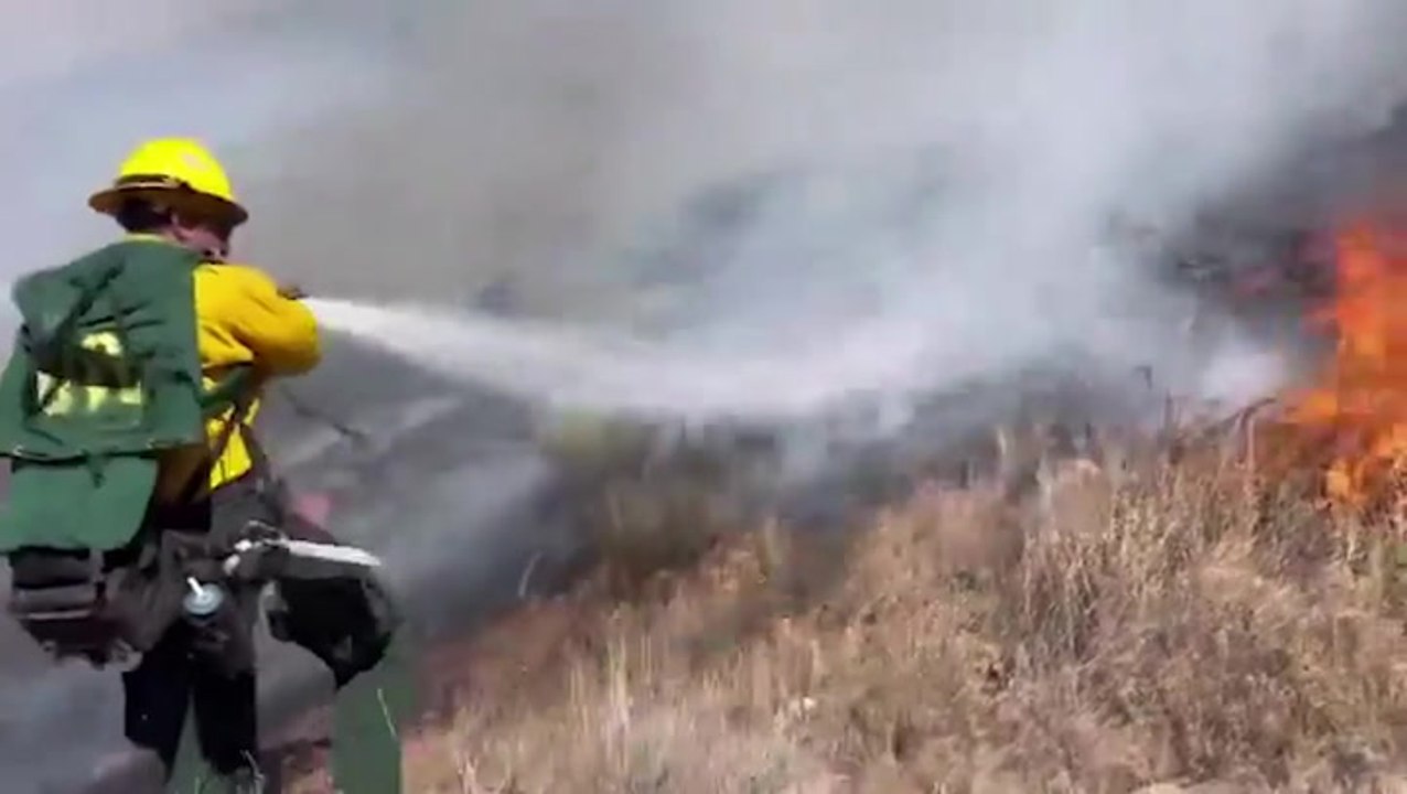 Firefighters battle flames of fast-moving California wildfire