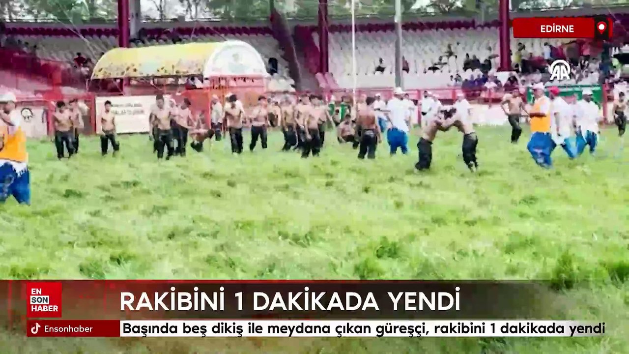 Edirne'de başında beş dikiş ile meydana çıkan güreşçi, rakibini 1 dakikada yendi