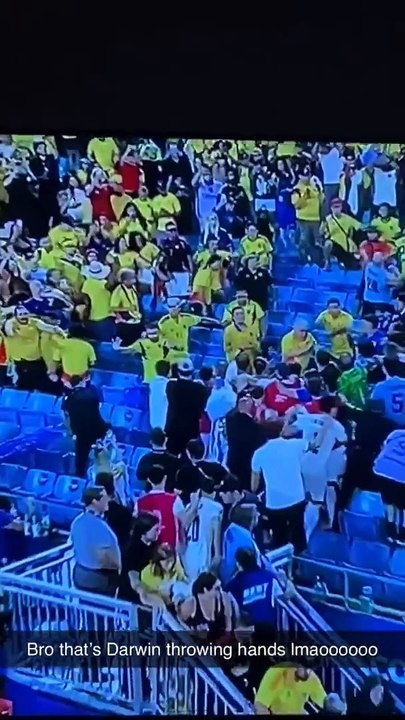 Darwin Núñez peleando solo contra varios hinchas colombianos