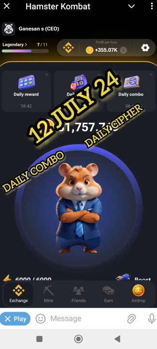Hamster Kombat Daily Cipher code and combo card | 12 July 24