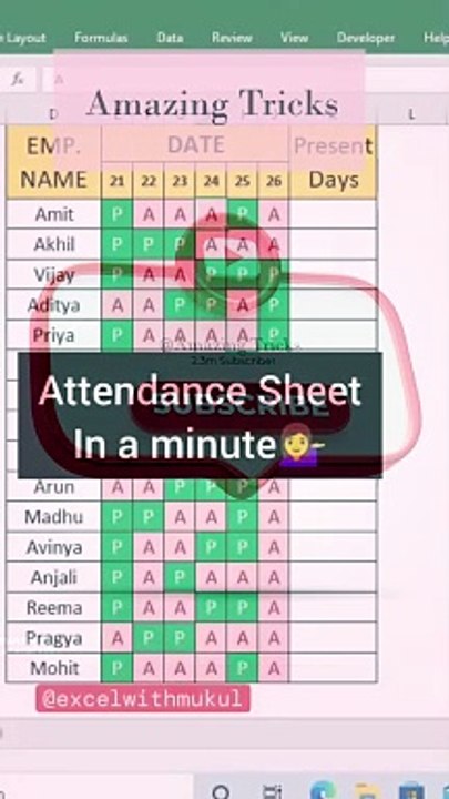 Most useful trick in Microsoft excel Attendance sheet in a minute for beginners No.17