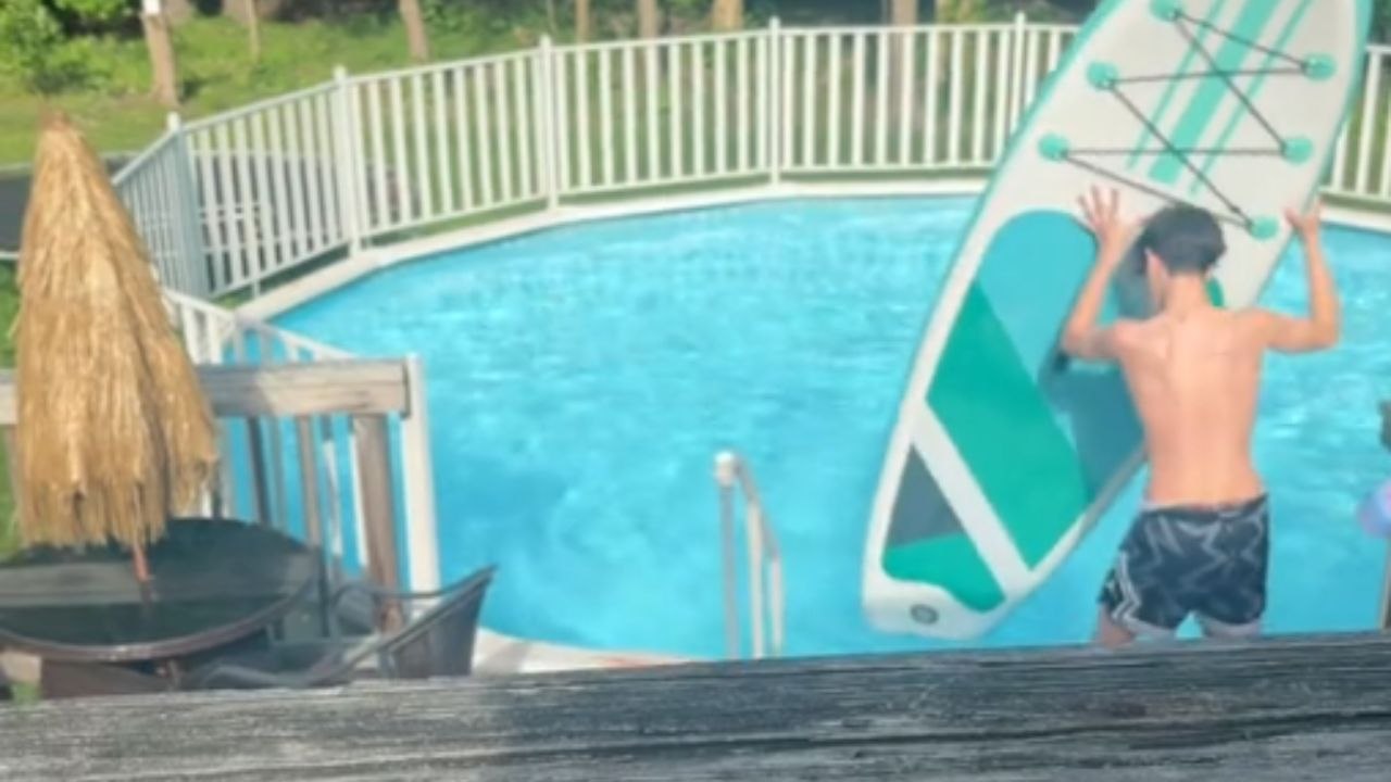 Brother’s attempt to surf on blow-up paddle board ends in laughter and fun