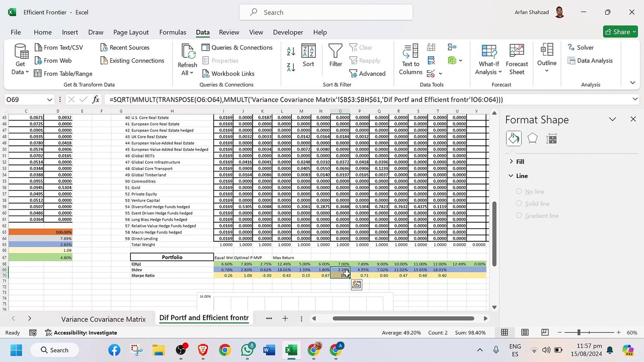 How to Calculate Portfolio Expected return Stdev, data for Efficient frontier and randarray function