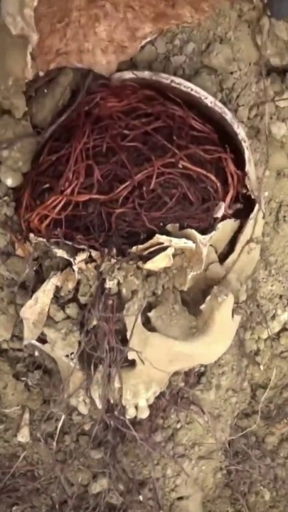 The remains of WWII soldiers, with roots growing through them, appear to form 'new' brains and spines.