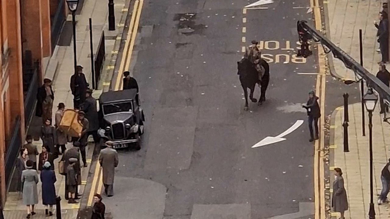 Cillian Murphy on horseback during Peaky Blinders movie filming