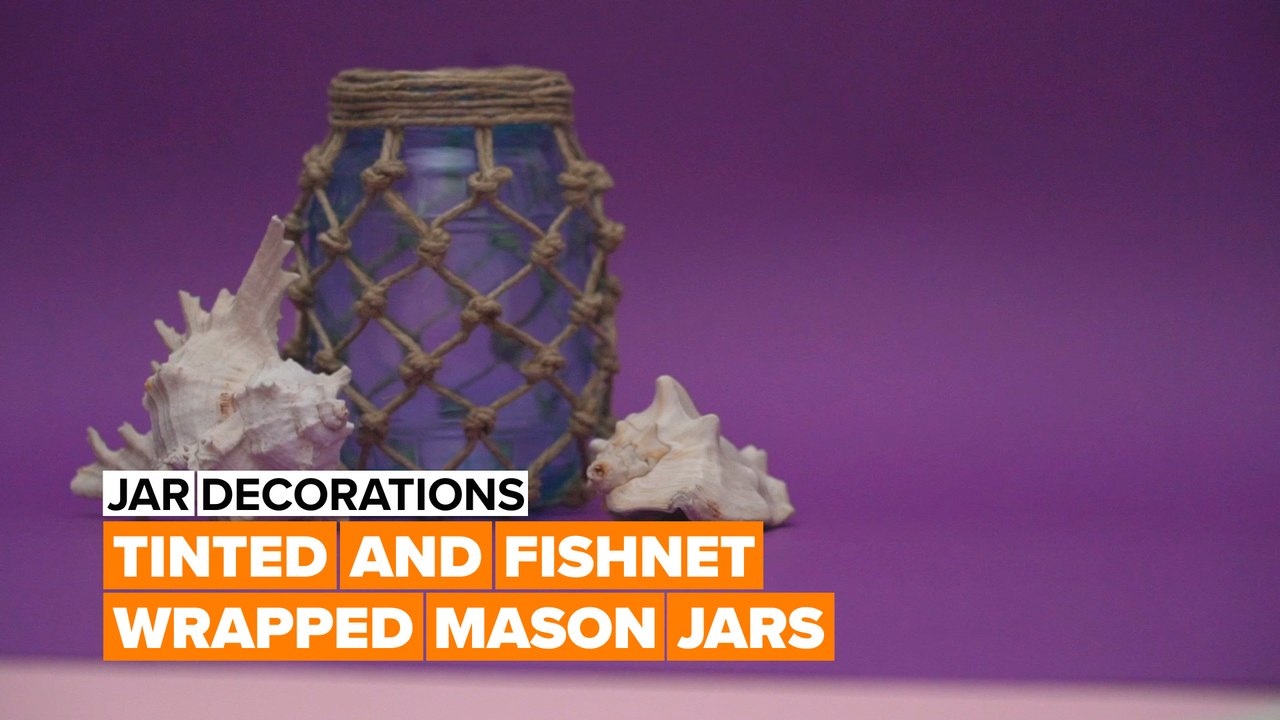 Jar decorations: tinted and fishnet-wrapped mason jars