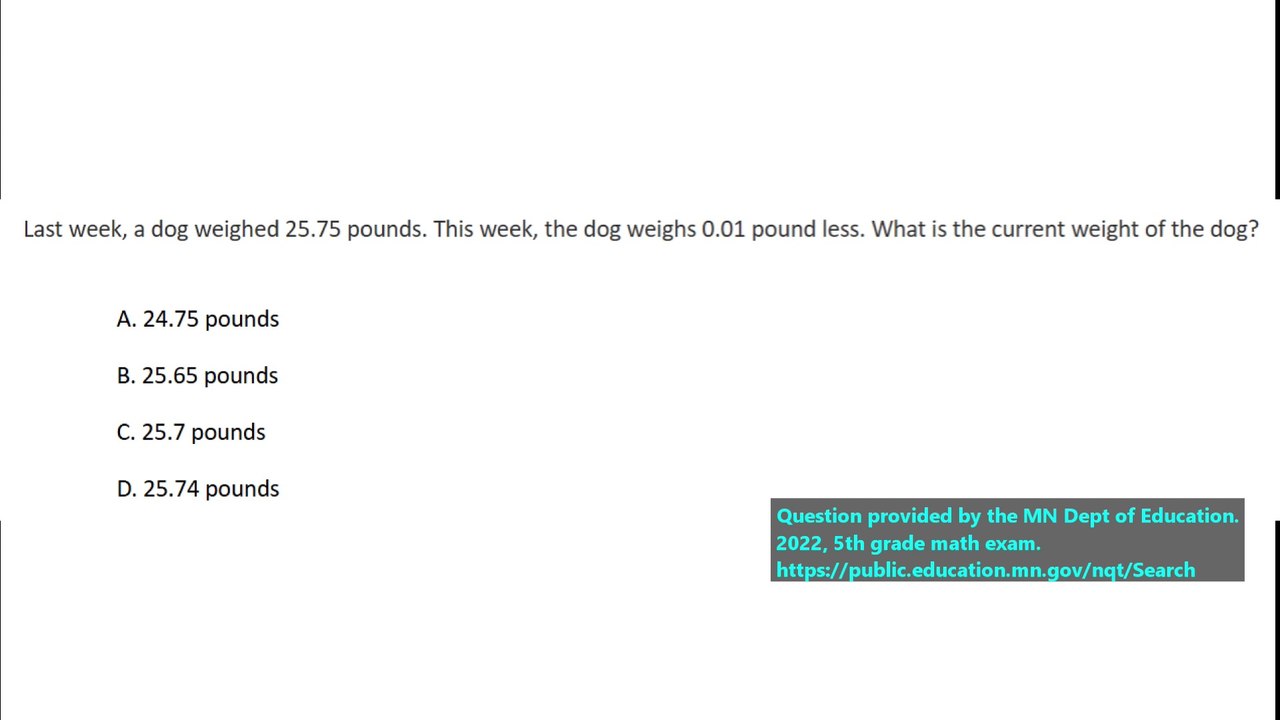 Real state exam question on subtracting decimals (#1). 5th Grade Math.
