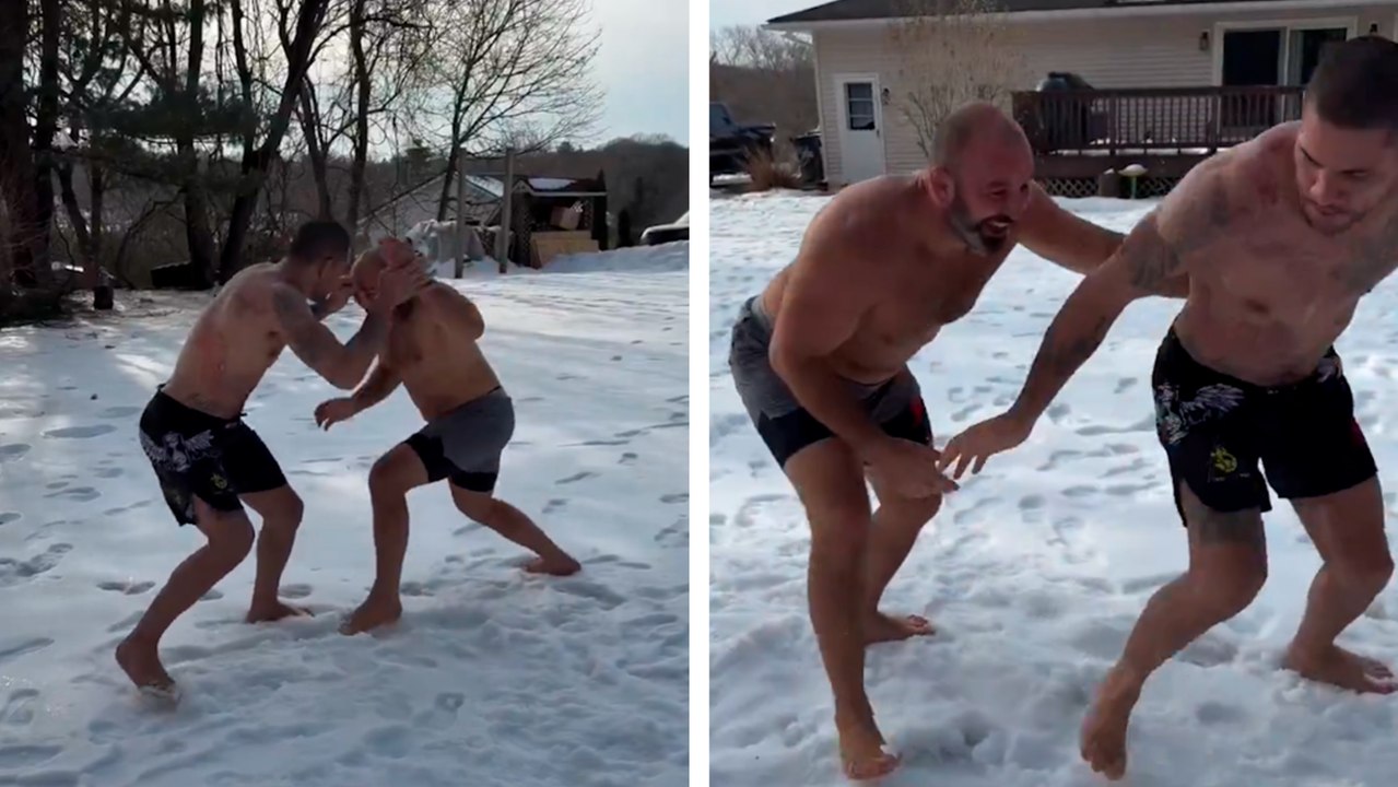 Alex Pereira entrenando un poco de Lucha con Glover Texeira en la nieve