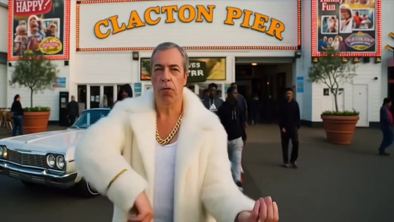 Nigel Farage dances in fur coat at Clacton Pier in bizarre AI rap video