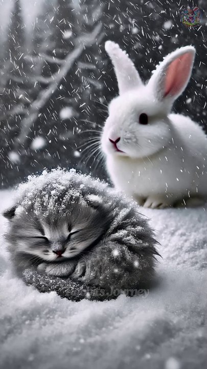 Cute rabbit helps poor hungry and cold kitten 🐰