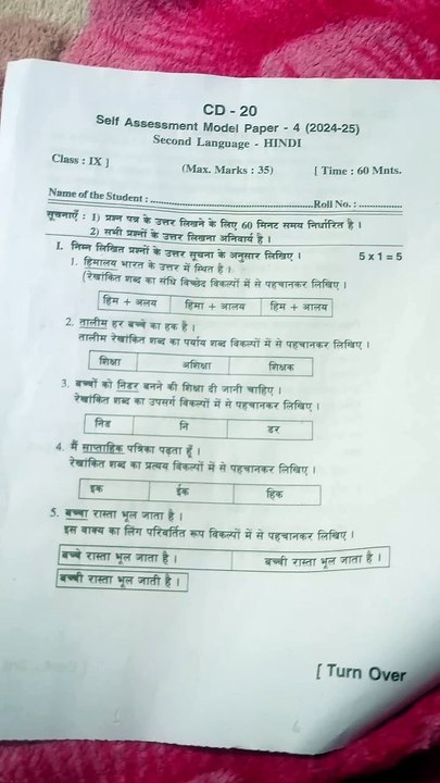 9th class sa2 hindi question paper 2025