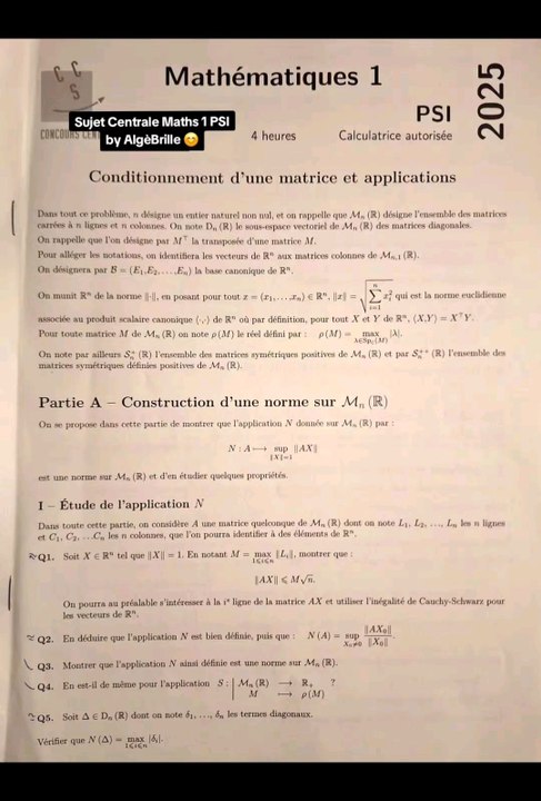 Sujet Centrale Maths 1 PSI 2025 🔥Sujet Maths 1 tombé le 28/04/25#prepa #psi  #ptsi  #centrale #maths1 #concours #concoursprepa
