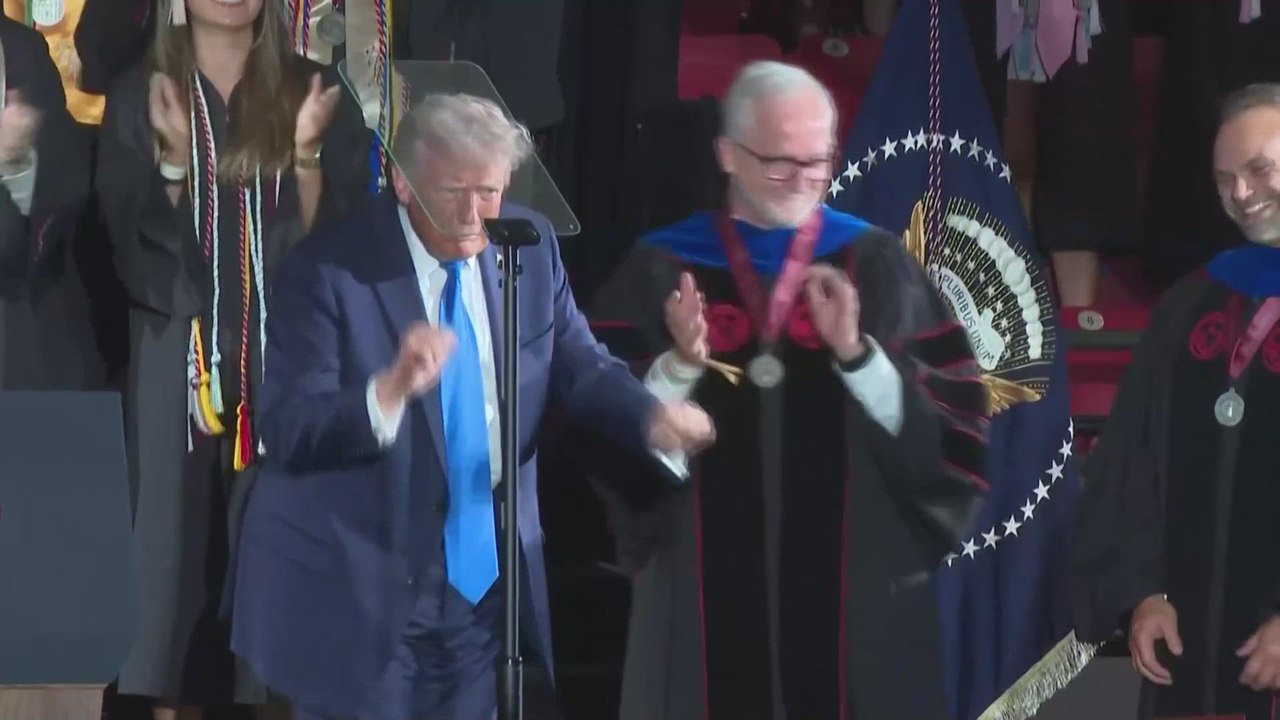 Trump repeats his viral dance after commencement speech in Alabama