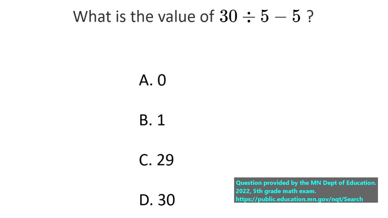 State exam math question on Order of Operations (#2). 5th Grade Math.