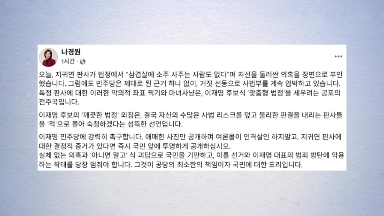 나경원 "민주, 애매한 사진으로 지귀연 인격 살인" / YTN