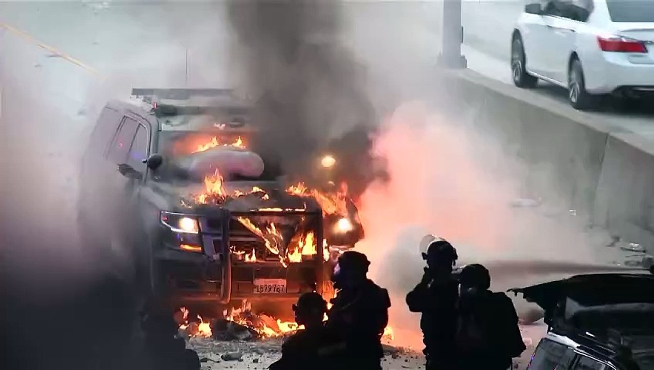 Highway patrol vehicle set on fire during LA anti-ICE protests