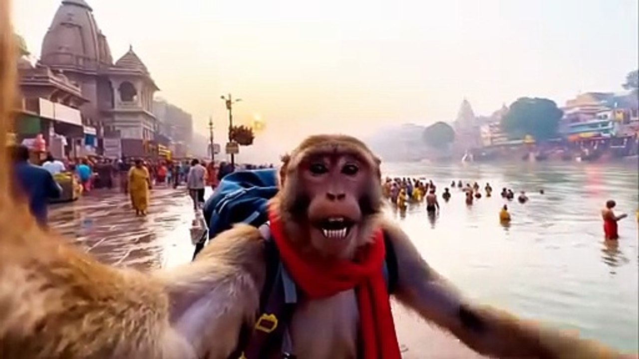 A monkey doing vlog in jungle with people
