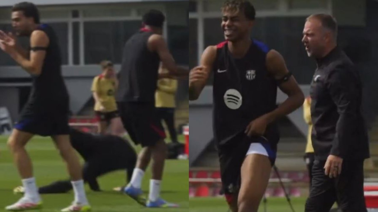 El balonazo de Lamine Yamal a Hansi Flick