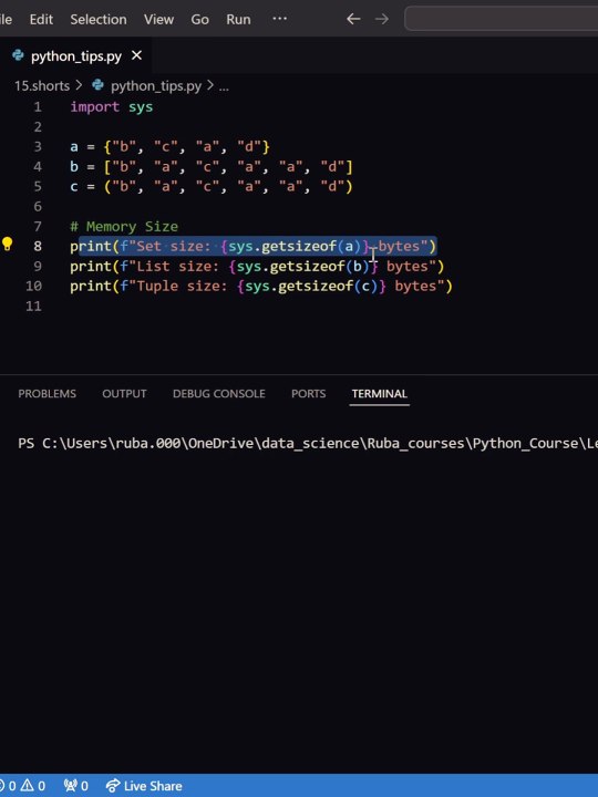 Python tips: Iterables sizes in memory, set vs list vs tuples.