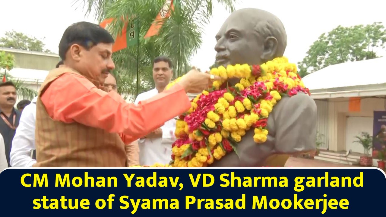 CM Mohan Yadav, VD Sharma garland statue of Syama Prasad Mookerjee
