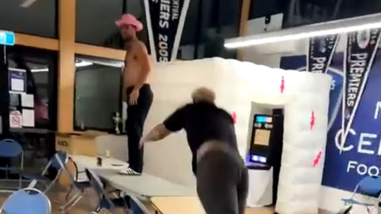 Footy function turns chaotic when man lands ribs-first against table edge