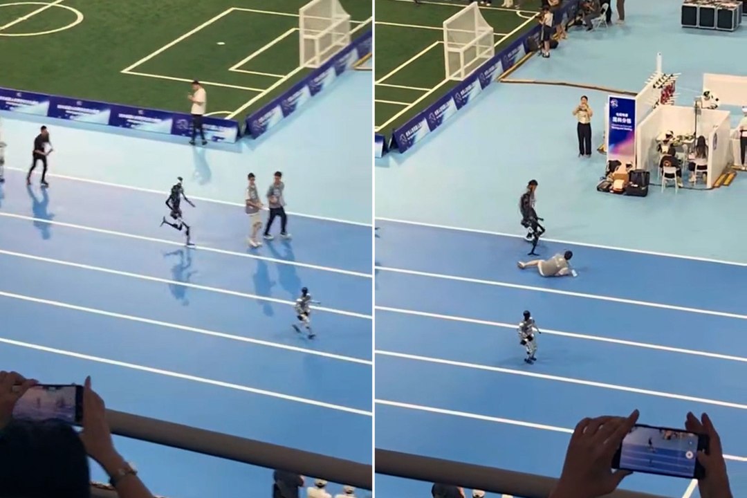 Robot runs into man during humanoid games