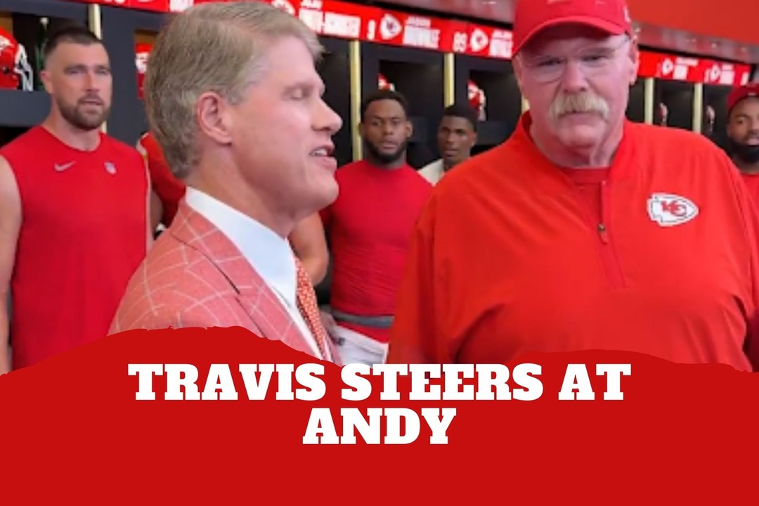 Travis Kelce steers at Andy Reid during Chiefs locker room gathering