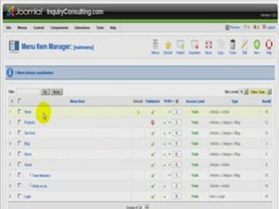Joomla 1.5 – hiding a menu item video tutorial