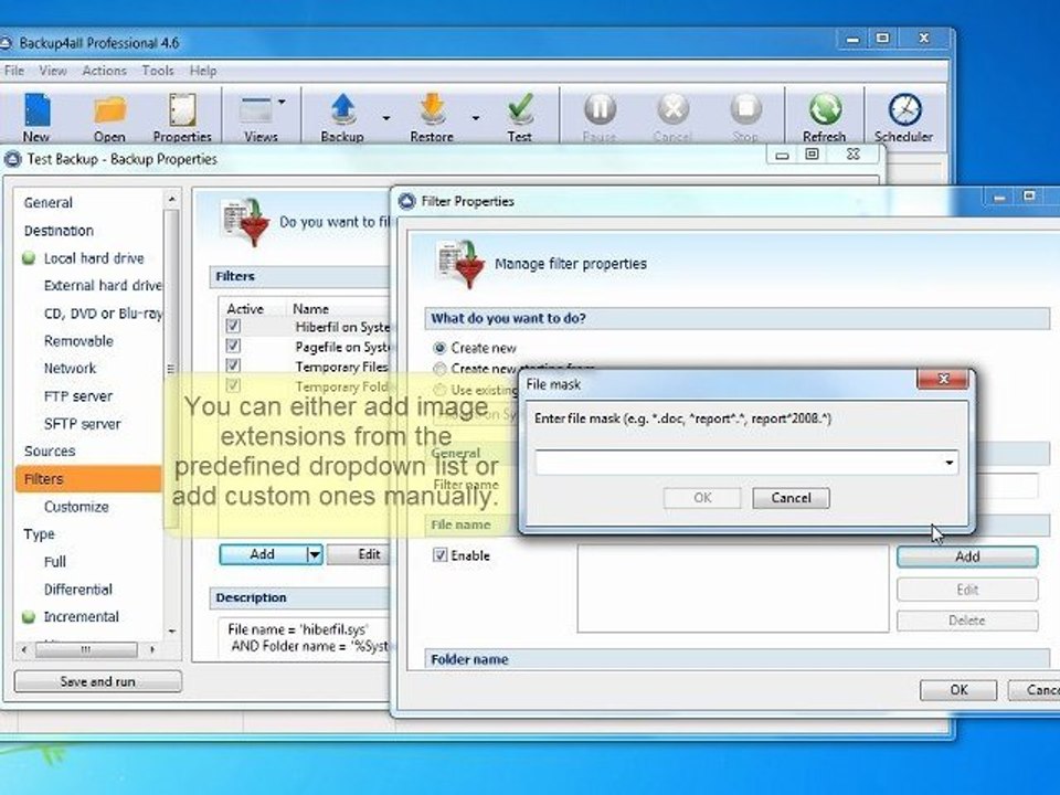 How to add filters to include in backup only image files