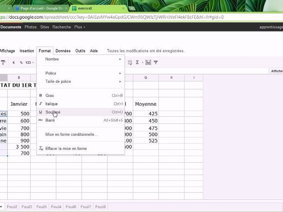 Mise en forme d'un tableau Google Docs