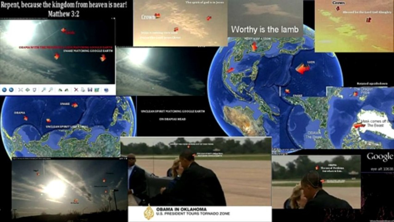 Clown & fallen angel shifting into a devil and different forms behind Obama in the right hand window (1)