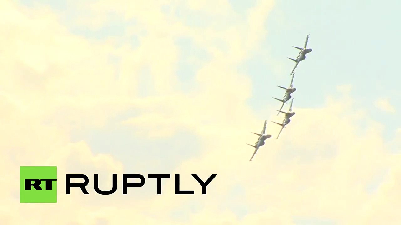 Cutting edge military aircraft in action at Army 2015 military expo