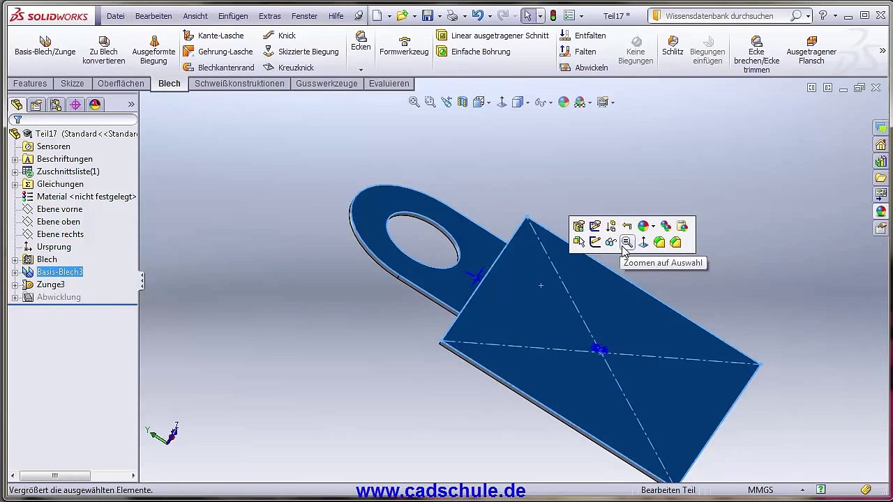 Solidworks Deutsch Tutorial Grundlagen Beginner tutorial Blech Zunge und Skizzierte Biegung