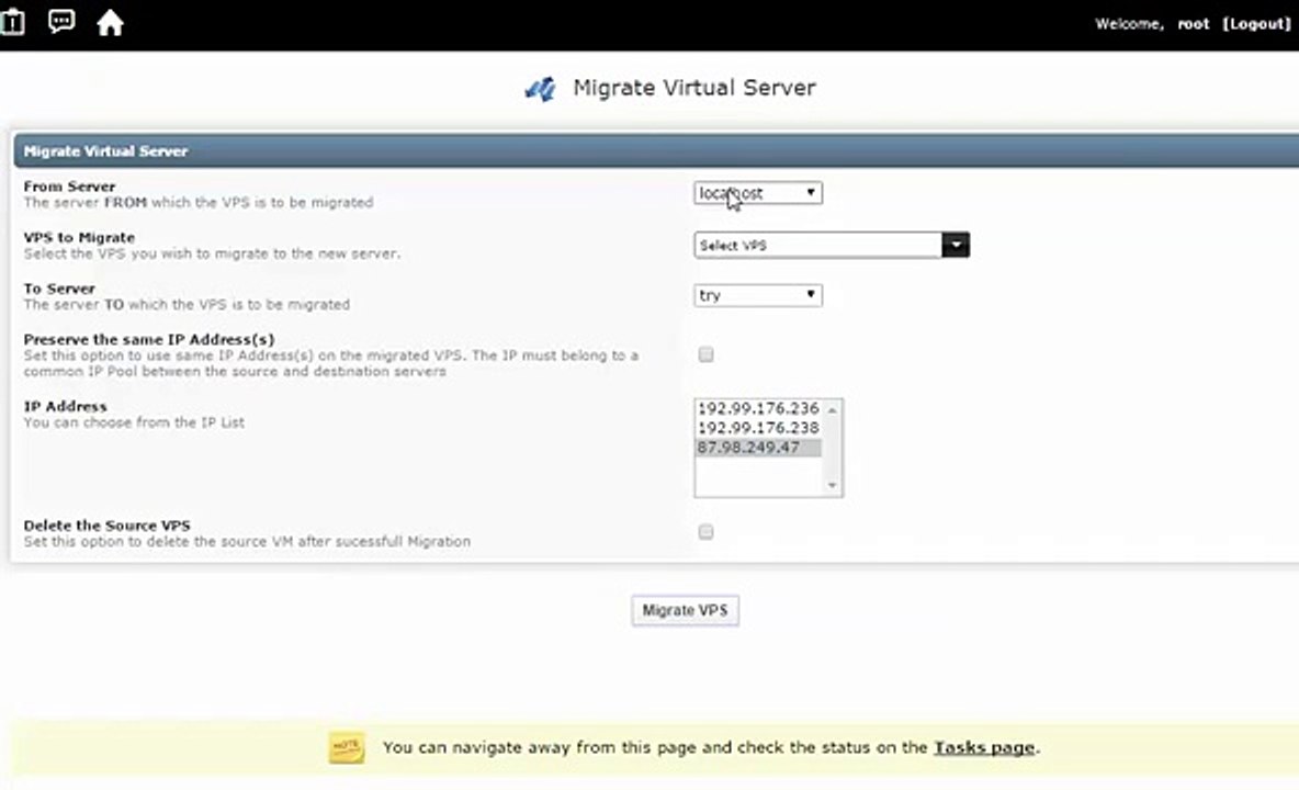 migrate vps using GUI utility of virtualizor