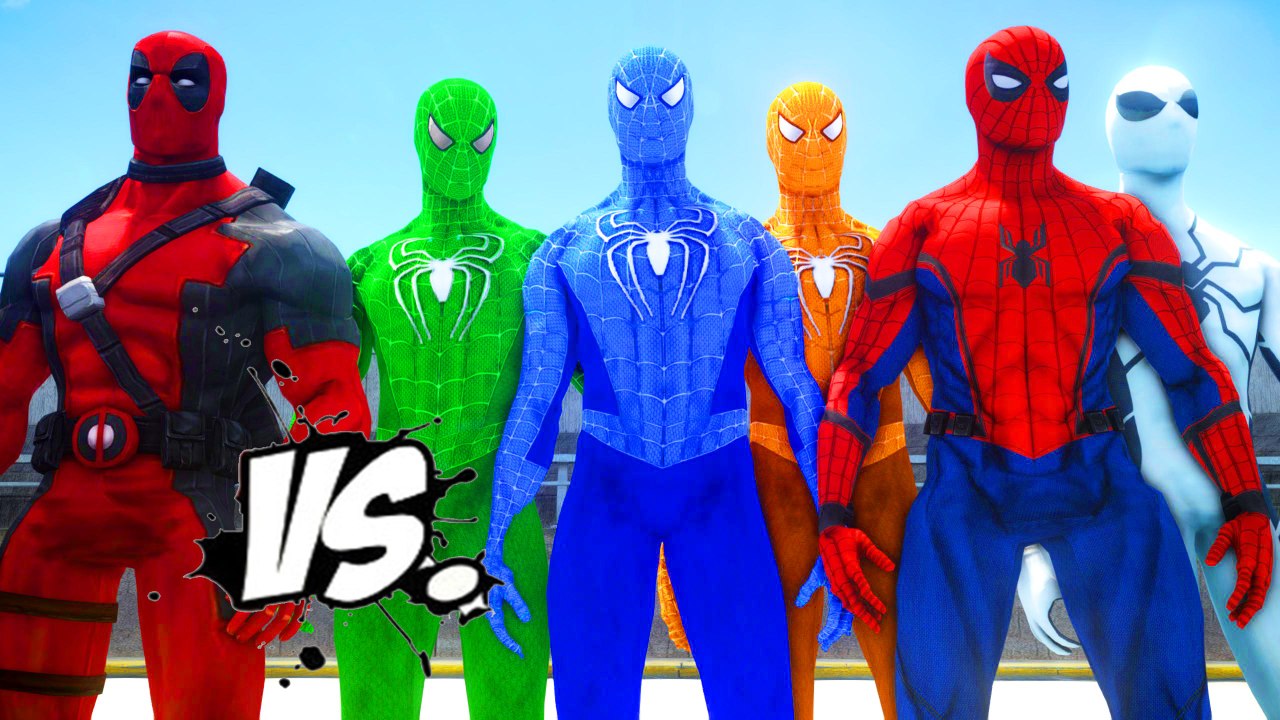DEADPOOL VS SPIDER-MAN, GREEN SPIDERMAN, ORANGE SPIDERMAN, BLUE SPIDERMAN, WHITE SPIDERMAN