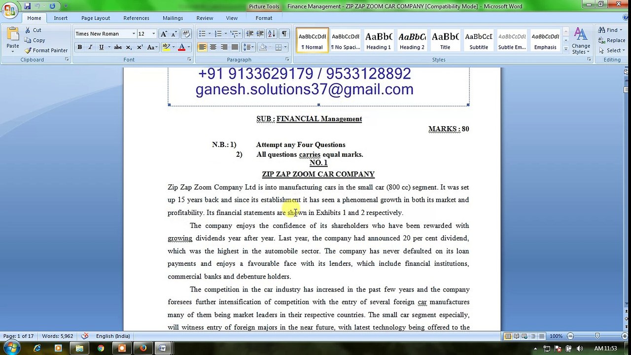 Finance Management - ZIP ZAP ZOOM CAR COMPANY