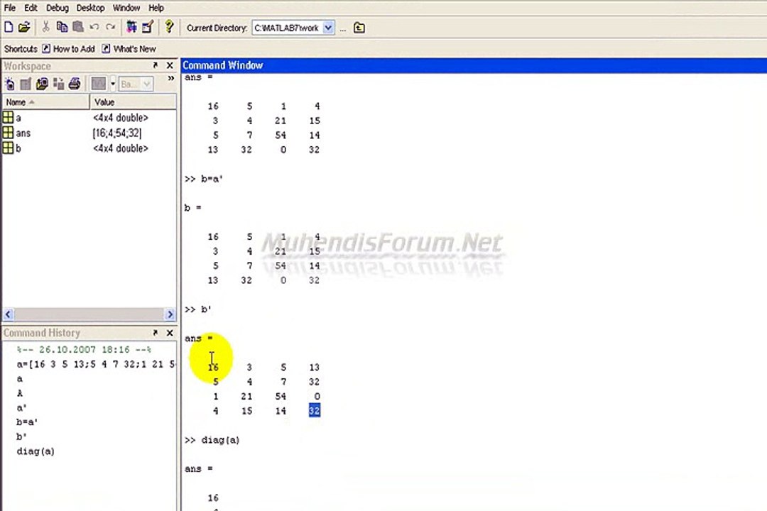 matlab eğitim 02 MatrisTransposeDiagonal