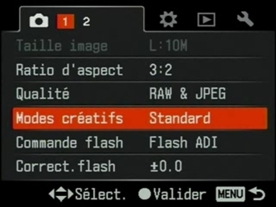 Sony Alpha 200 menus