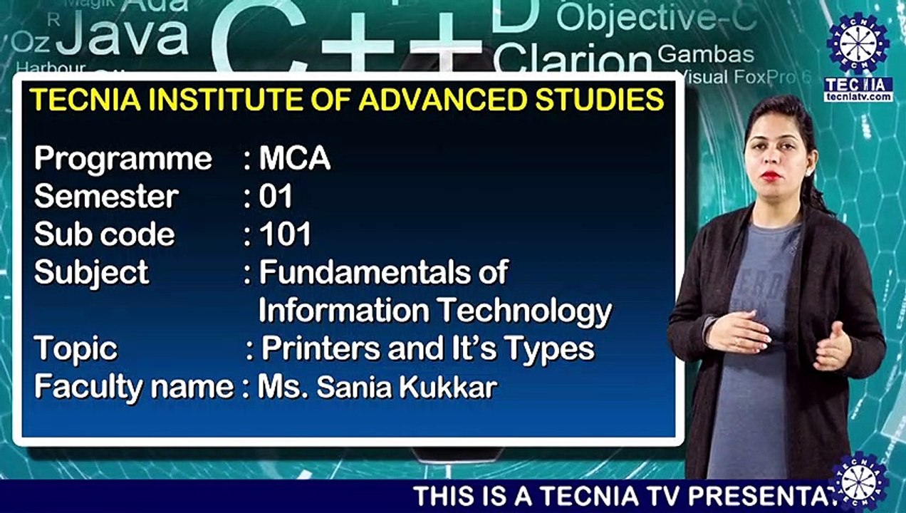 MCA || Ms. Sania Kukkar || Printers and its types || TIAS || TECNIA TV