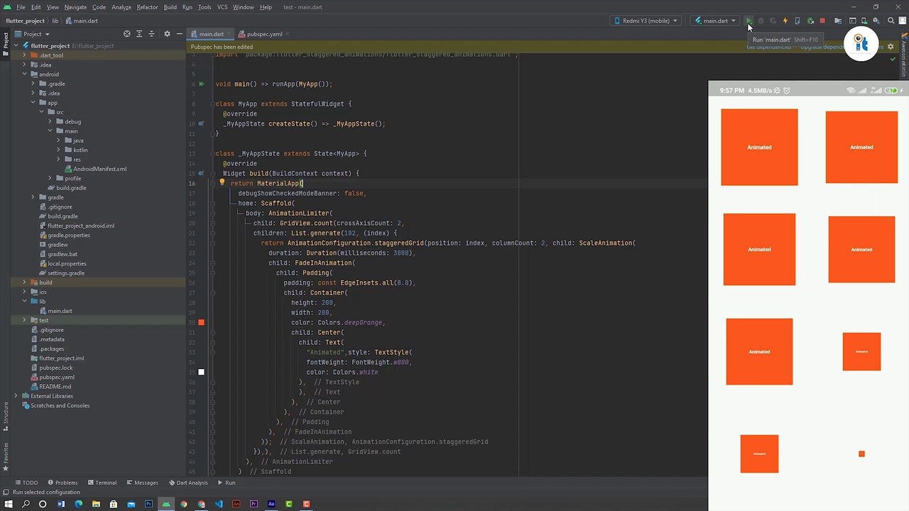 Flutter staggered Animation code example. flutter Grid View Animation. Flutter AnimationLimiter. How to set FadeIn Animation Grid View.