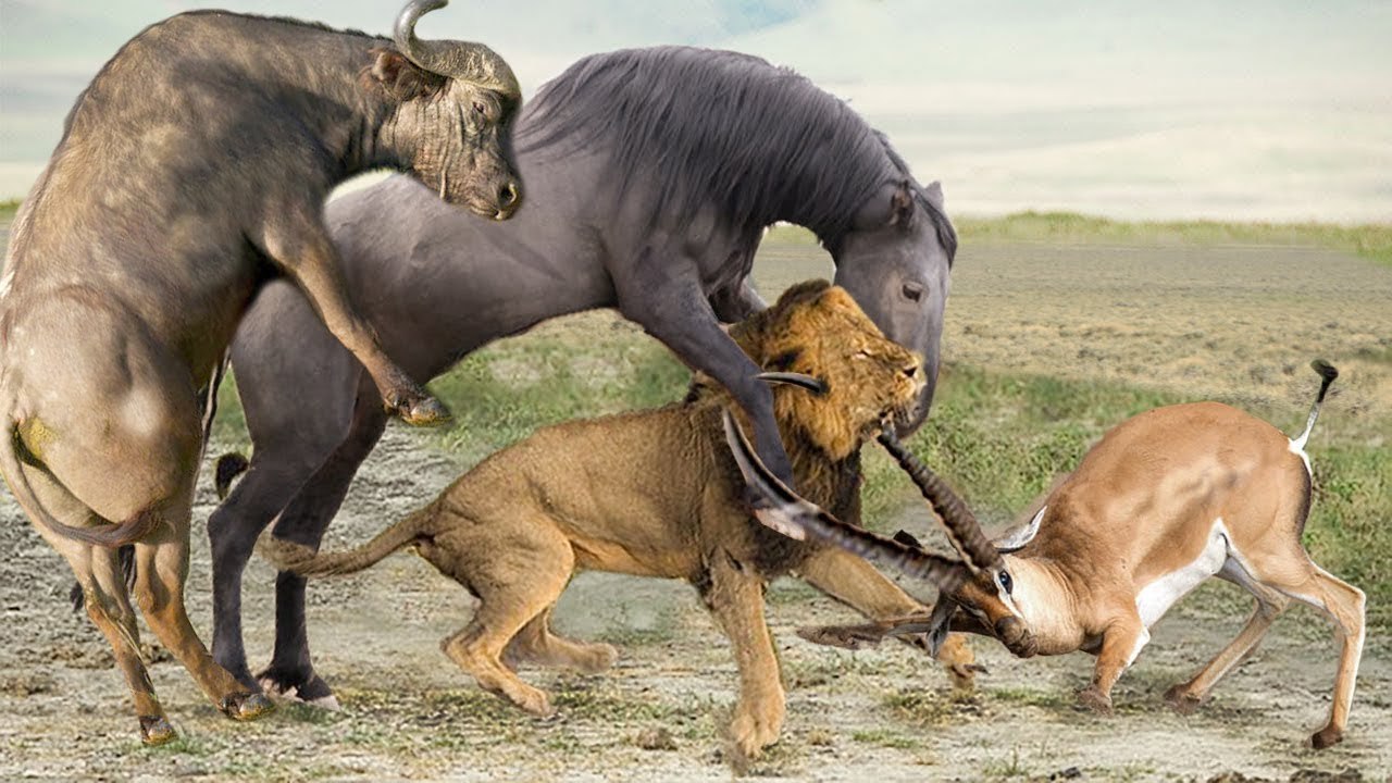 un believable group attack from a gang of animal v a single lion