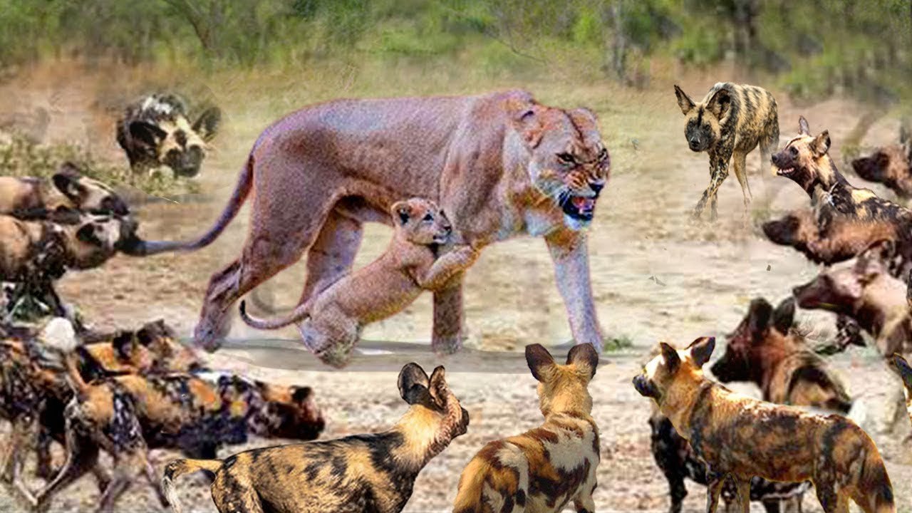 mamas wild dogs pure instinct , see how they act when a lion attack their babies !