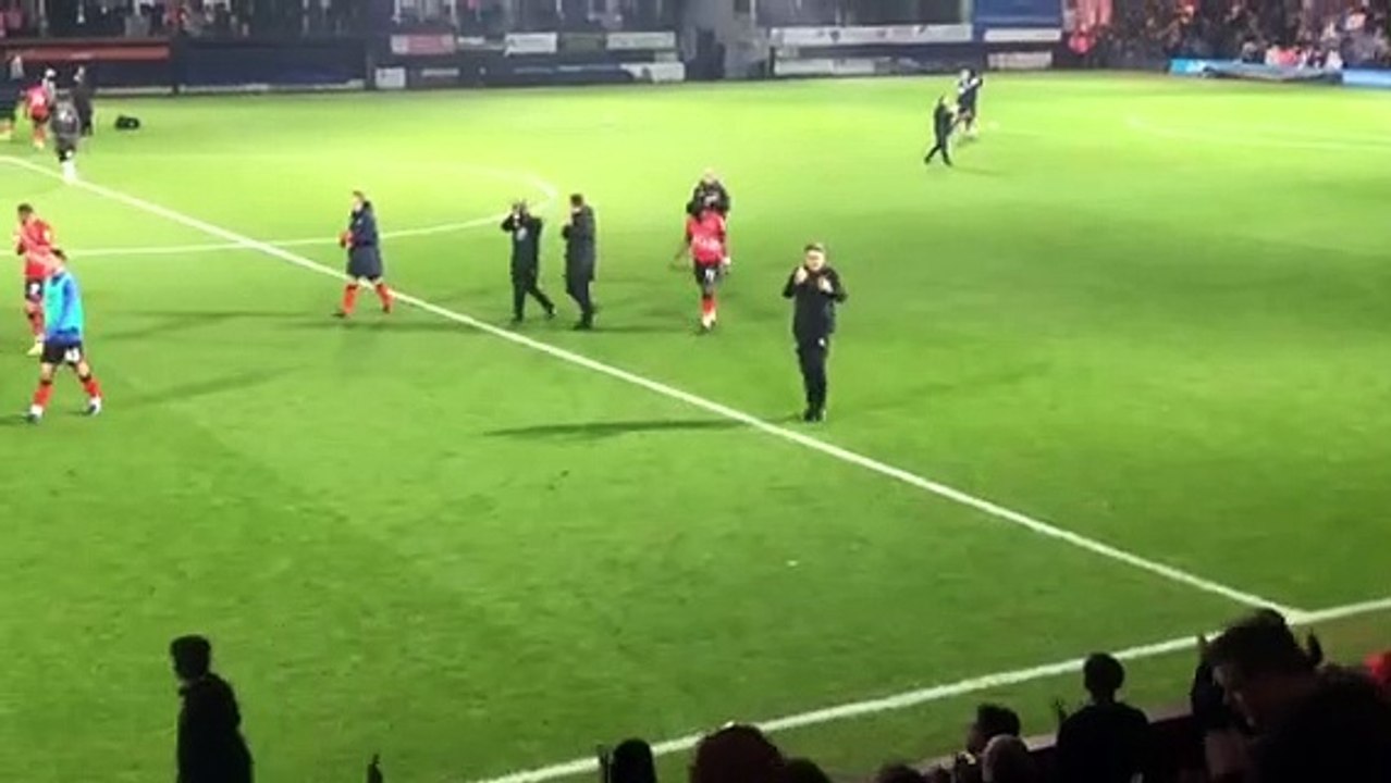 Hatters boss Mick Harford applauds the Luton fans