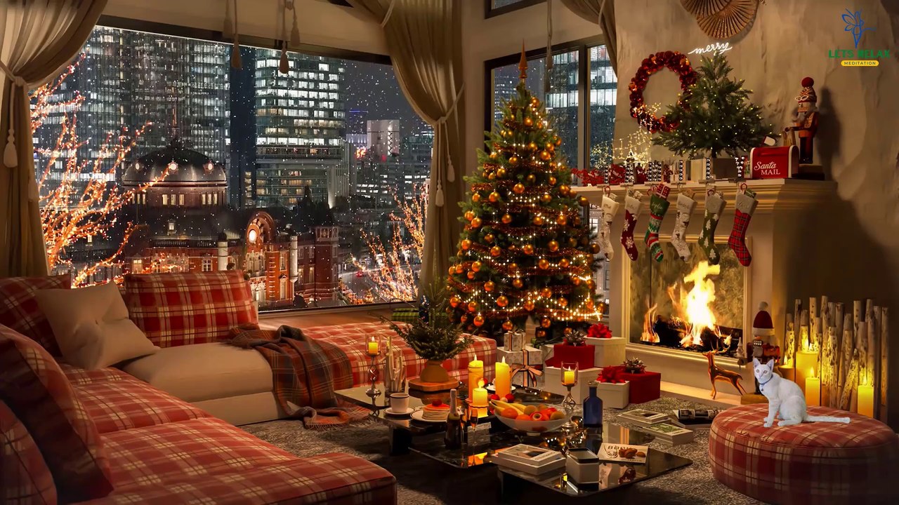 Relaxing Christmas Music with Crackling Fireplace • Cozy Christmas Ambience || Christmas Tree • Cat