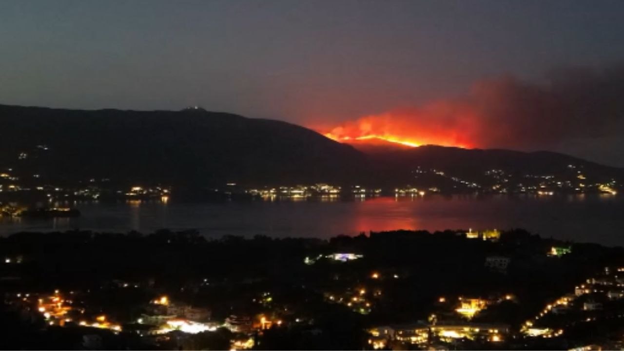Captivating drone footage shows ruthless wildfire scorching Corfu Island under the night sky