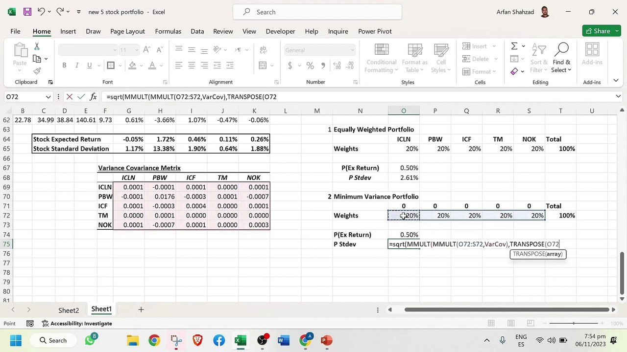 Creating Five Stock Portfolios in Excel | Equal Weighted, Minimum Variance, Optimized, Five Stocks Portfolio Equal Weighted Portfolio Minimum Variance Portfolio  Optimized Portfolio Random Weight Portfolio Efficient Frontier In Excel Stock Prices I11