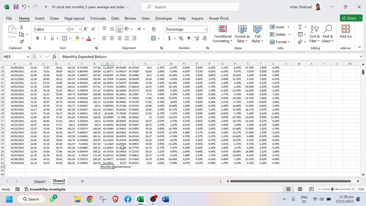 10 stocks portfolio in excel and efficient frontier and tangent line and capital market line in excel calculation of expected return standard deviation of portfolio calculation of variance covariance metrix te stocks portfol