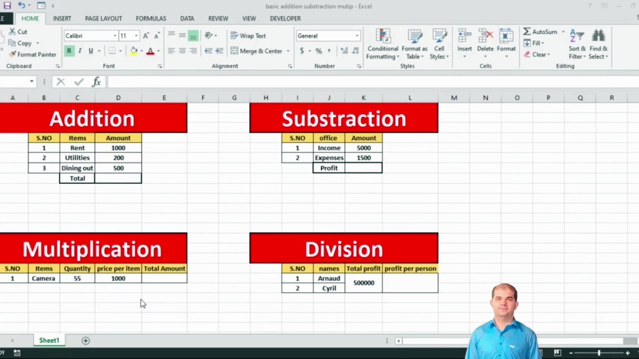 How to perform addition,subtraction,multiplication and division in excel