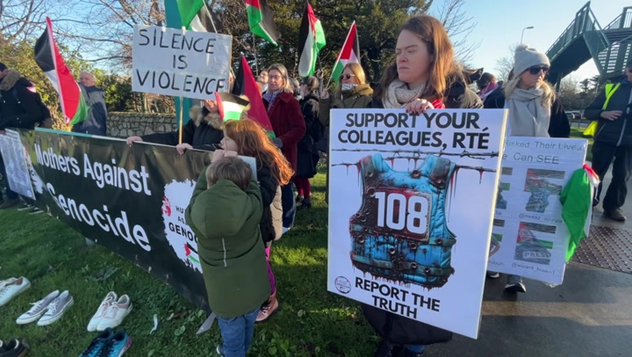 Mothers Against Genocide protest RTE’s Gaza coverage in Dublin