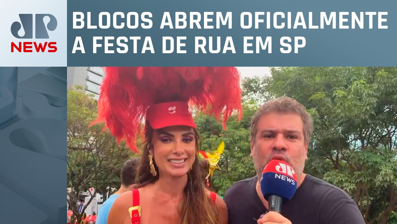 Felippe Monteiro conversa com Nicole Bahls no Bloco do Abrava